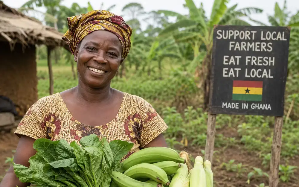 Smallholder farmer with seasonal produce in Ghana